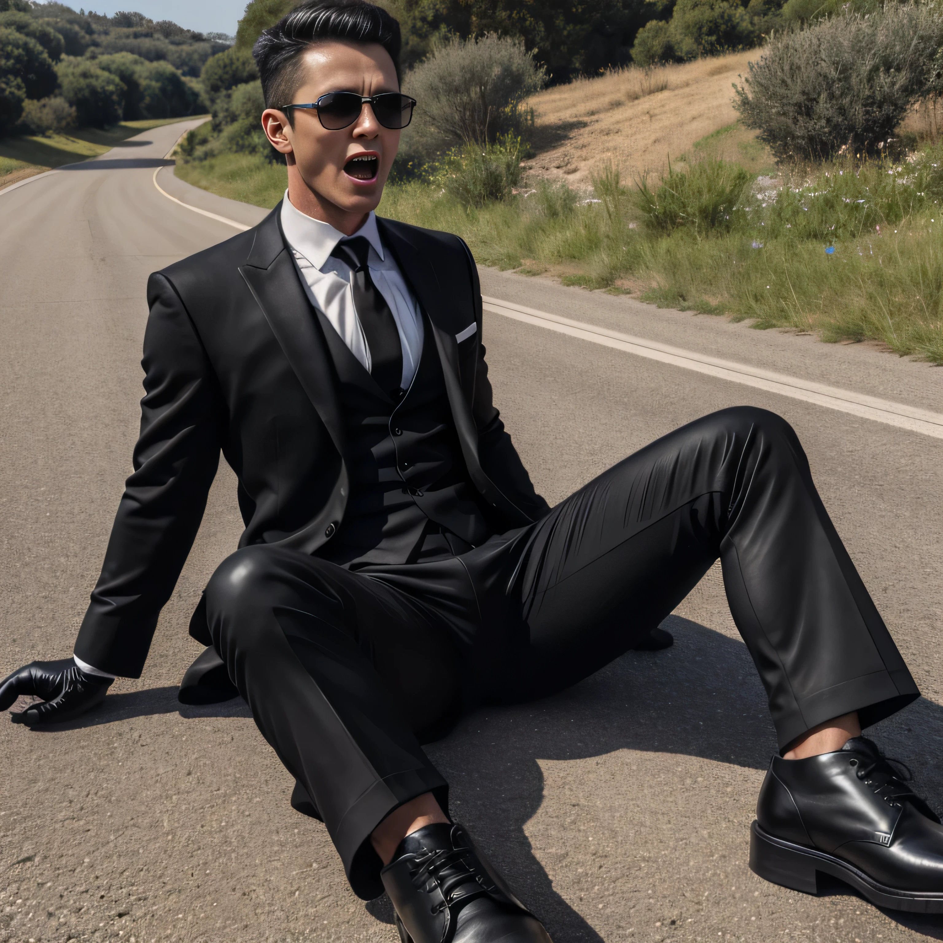 40 year old handsome, One Man,、 muscularity、 Israeli,。 black suit、 black tie、 black slim pants 、Short Hair、Countryside roads 、 sit on the ground、 open her legs 、 black suit、 black tie、 black slim pants 、 upper body up Israeli, Front Menacing look 喉にガムが詰まりSuffering、Suffering、息ができなくてSuffering I'm flapping my legs, opening my painful mouth wide, and screaming black gloves black gloves Black leather shoes wearing black sunglasses