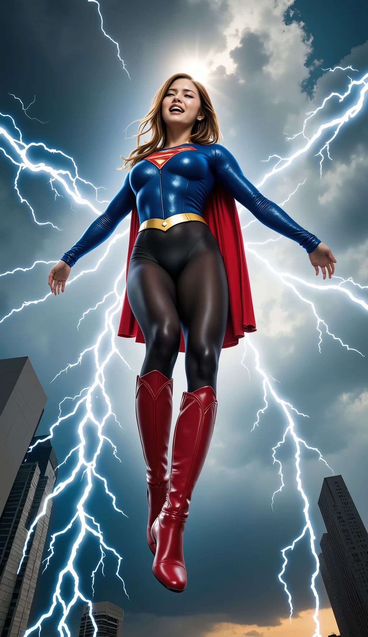  A hyperrealistic photograph of Supergirl, suspended mid-air, writhing in pain as bolts of electric energy surge through her body. Her face is contorted in agony, eyes squeezed shut, and her mouth is open in a silent scream. She is wearing her classic suit, modified with black pantyhose and vibrant red boots, which are highlighted by the electric glow. The scene is set against a stormy sky with dark clouds and flashes of lightning that echo the electrical attack. The enemy is not directly visible, but the source of the electricity is evident, implying a powerful and unseen foe. The electrical currents are rendered with vibrant, almost blinding light, engulfing her body in a chaotic display of power. The camera angle is from below, looking up at her, emphasizing her vulnerability and the intensity of the attack. Cinematic, dramatic lighting, motion blur to convey the speed of the electrical surge.