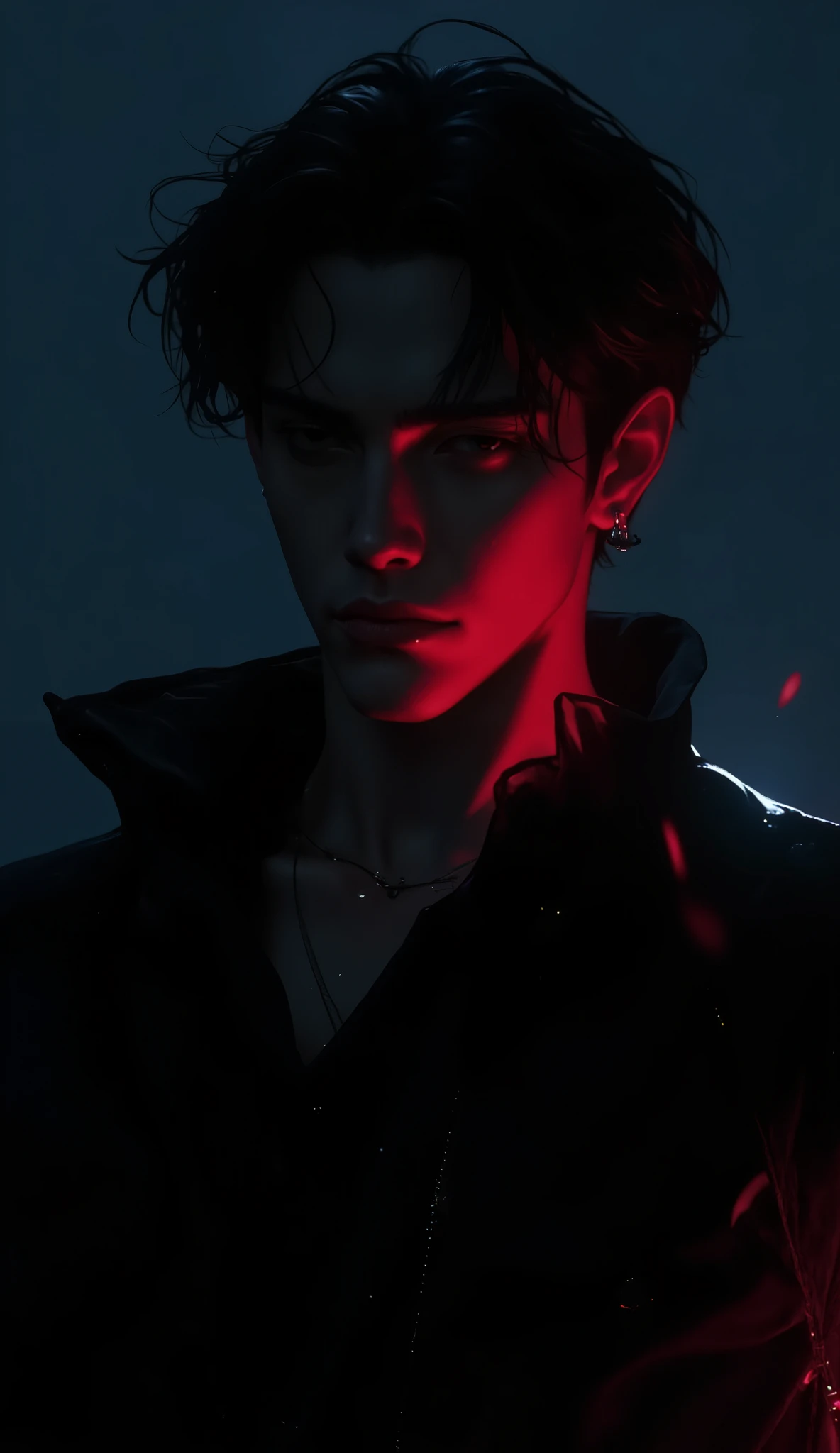 Moody portrait of a man, Korean manhwa Webtoon character, dramatic side lighting with red tones on the face, deep shadows obscuring details, minimalist background in dark blue tones, cinematic atmosphere, high contrast, soft grain effect, focused composition