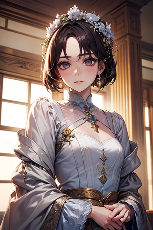 1girl, detailed ceramic figurine, intricate porcelain skin texture, delicate hand-painted facial features, serene expression, elegant flowing dress, ornate ceramic decorations, warm lighting, dramatic chiaroscuro, cinematic composition, highly detailed, best quality, prismatic, holographic, chromati caberration