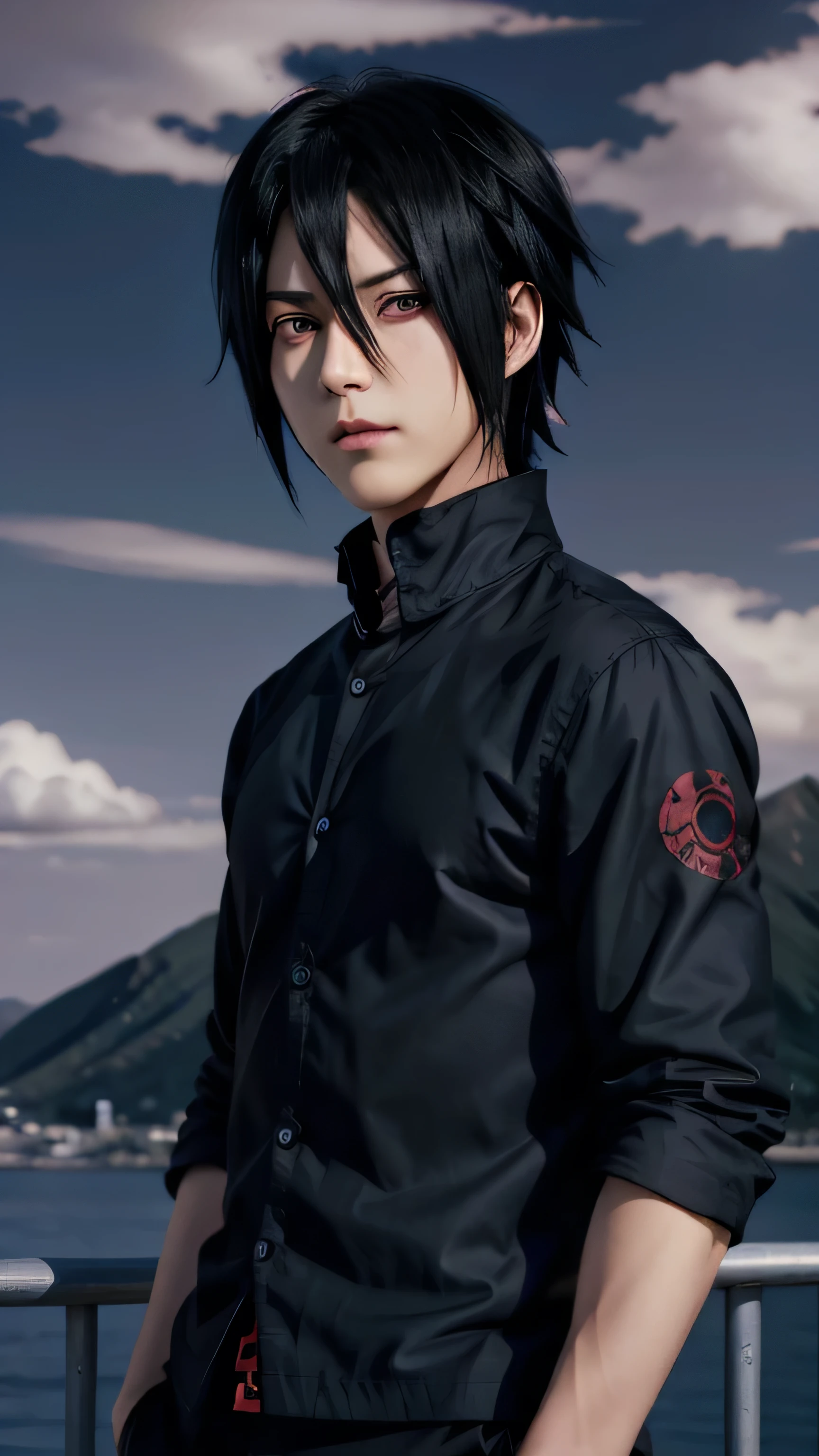 Masterpiece, 1boy, Superb Style, Outdoor, Upper Body, Sasuke Uchiha, Red eyes, Black hair, cool boy, Blue clouds, Realistic