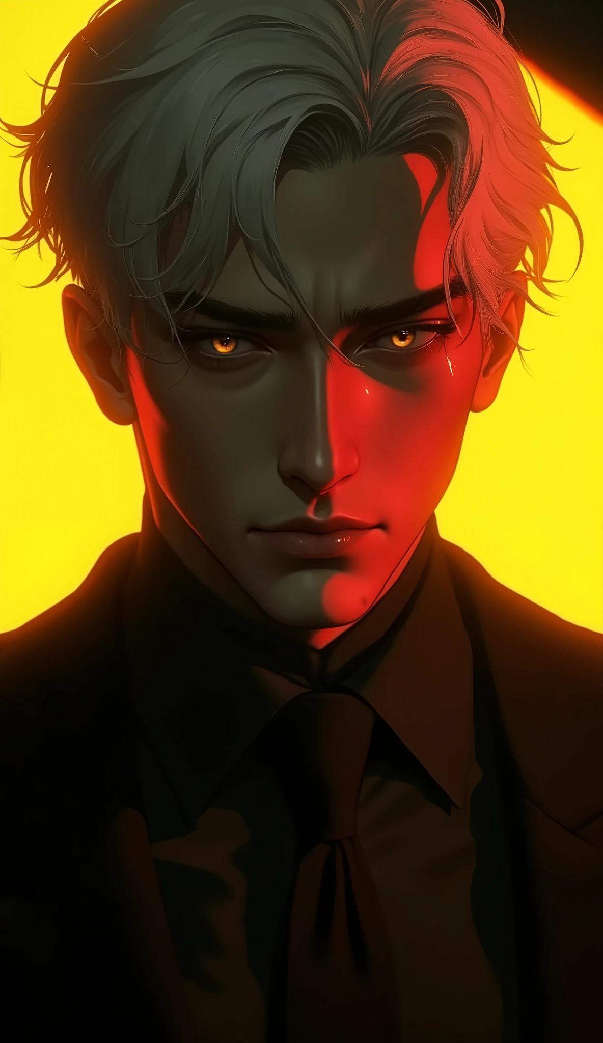Moody portrait of a man, South Korean Manhwa Webtoon character, white hair, bright yellow eyes, dramatic side lighting with red tones on the face, deep shadows obscuring details. Vibrant background in dark yellow tones, cinematic atmosphere, high contrast, soft grain effect, focused composition