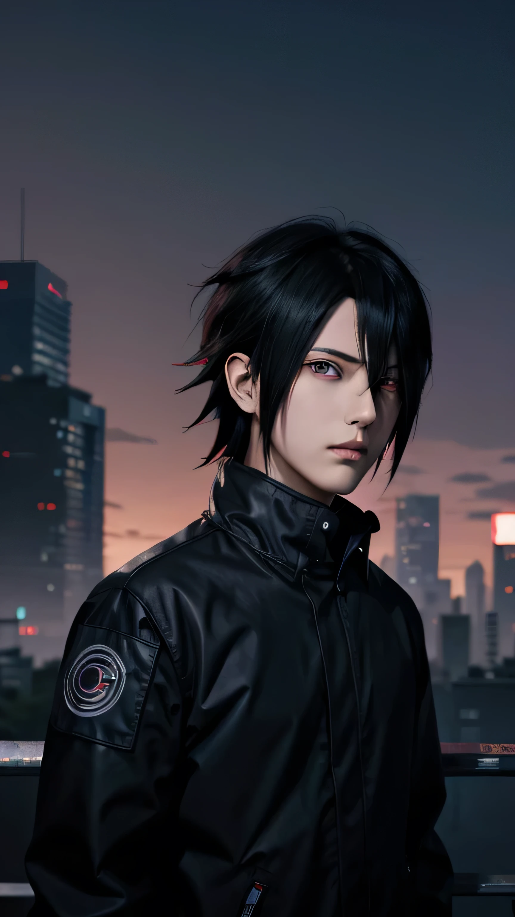 Masterpiece, 1boy, Superb Style, cyberpunk style, Outdoor, Upper Body, Sasuke Uchiha, Red eyes, Black hair, cool boy, Blue clouds, Anime style