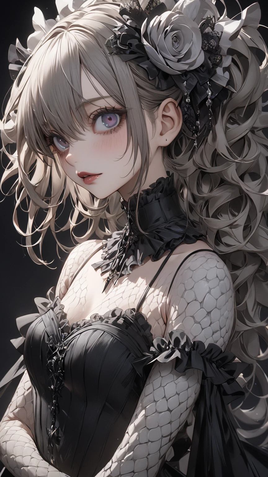 curly hair, long hair, seductive smile, rape face, anime, anatomically correct, masterpiece, textured skin, high details, award winning, best quality, UHD, 20 year old girl, wearing elegant black loincloth dress, curvaceous slim body.