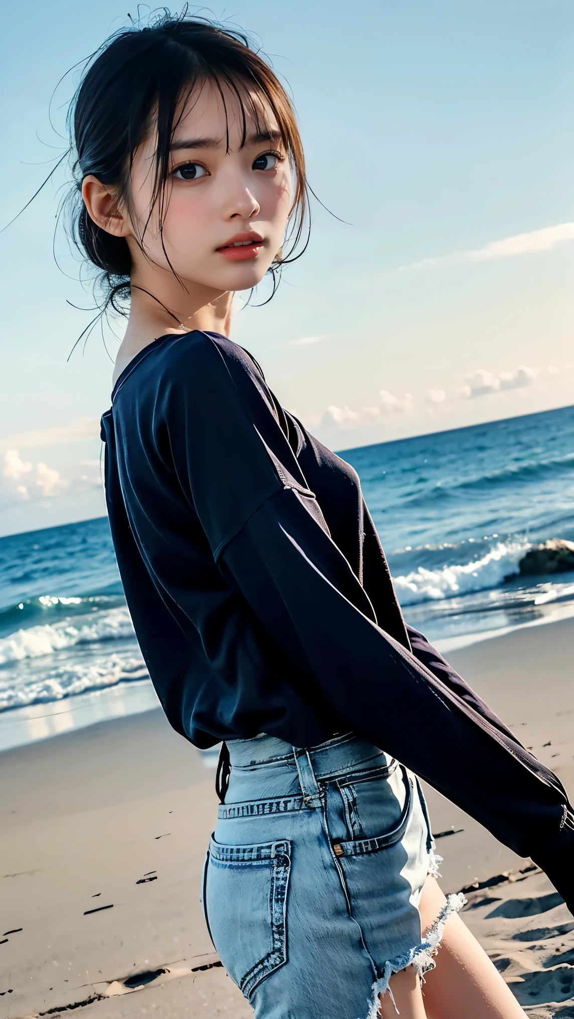 nsfw:, super high quality, a scene from the movie,Japanese famous actress,,-yeld, ,autiful smile:,,64k, high Quality,(( long sleeve t-shirts:1.4,denim micropanty:1)), (( large areola,slim body,slim leg :1.2)),Clear body line、Small size breast,、Full body diagram、((( low Angle from below&behind)))、Staring at the camera、beauty,high detail,standing on the night beach:1.4 ,My hair is fluttering in the wind, short hair:1.0, Delicate shoulders, (The breast are facing up:1.4),,(Precise pussy:1.4),(open leg:1.4),((large areola))