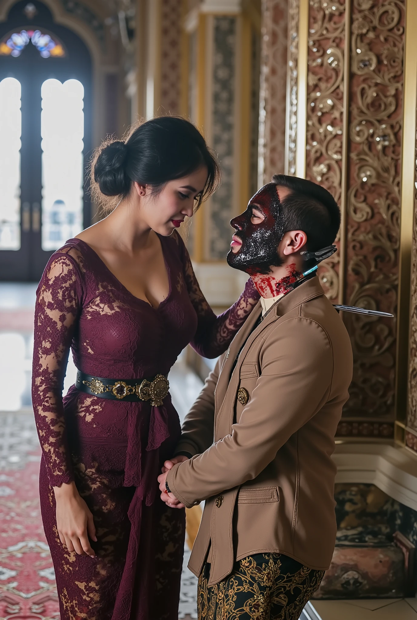 hight quality, Realistic, very beautiful girl, male full face mask, male die, male neck slashed, male neck bloody splash, several long knife stuck into male neck, male ninja, deadly girl, , male hoodie, girl kebaya, mansion, male kisses girl feet, male eyes close