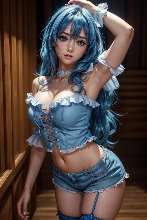 best quality, masterpiece, super high resolution, (realistic:1.4), original photo, 1girl, black bow, black gloves, black stockings, blue eyes, blue hair, bow, collarbone, dress, drilled hair, frilled dress, frilled trim, gwen (League of Legends), hair accessory, high resolution, long hair, parted lips, nudity, pink pupils, smile, solo, lingerie, x, x hair accessories, sitting on bed, ((feet)), stockings, calf raise, leg lift pose