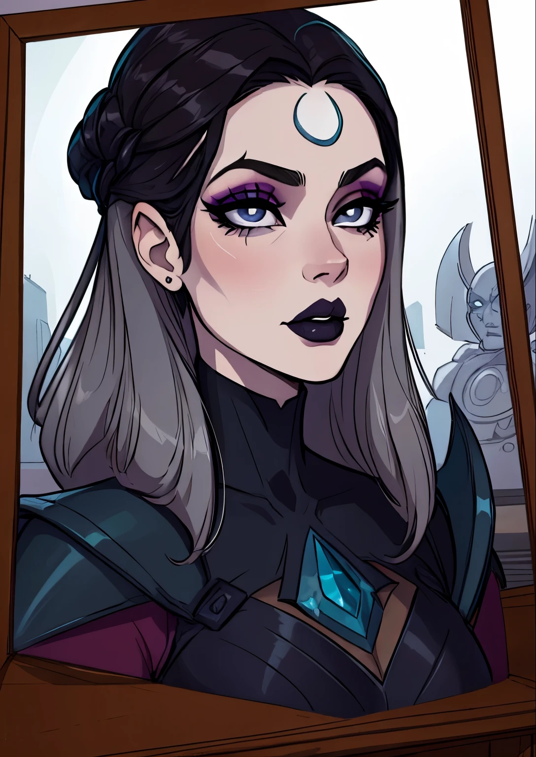 masterpiece, best quality, 1female, beautiful, face portrait, deep makeup, 1girl, face focus, dark hair, lipstick, goth, diana \(league of legends\), makeup, pale skin, straight hair, gray eyes