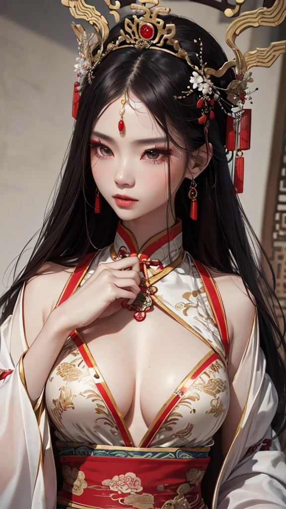 ((Sexy, tall and beautiful traditional japanese woman)) ((pale skin)) ((dark eyeshadows make up)) ((bright red lipstick)), ((seductive smile)) (()) ((big bright hazel eyes)) ((long black straight hair)) ((big breasts:1.6)) ((slender body:1.3)) ((wear traditional red an pink kimono)) (()) ((choker)) (()) (()) ((japanese house)) (()) ((high definition:1.5), ((pale lights)) ((masterpiece:1.5))((8k:1.5)) ((Best quality:1.4))