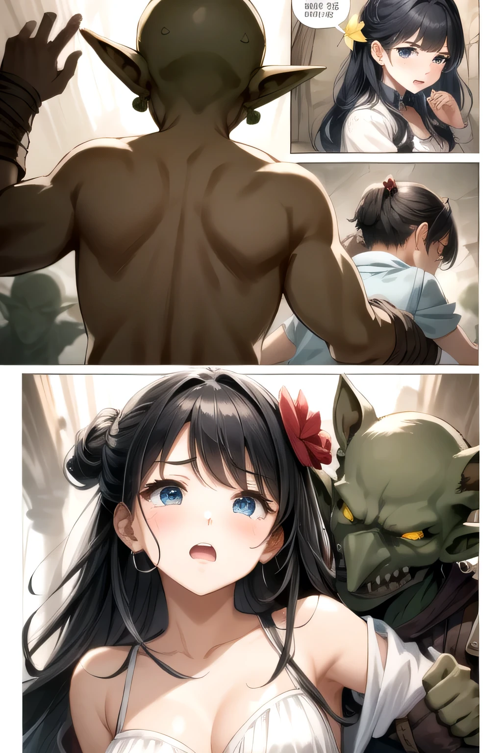 、(Masterpiece、 best quality 、 super high resolution )、( Perfect Face、 beautiful faces、 beautiful eyes)、(comics、 manga 、story)、armor、 flower hair ornament、Ruins、 Imprisonment、Prisoner、Battle with Goblins、A goblin is holding a human woman 、 a goblin is hugging a human woman 、 women hate it 、Women cry、(((2 men、female 1 person,))、