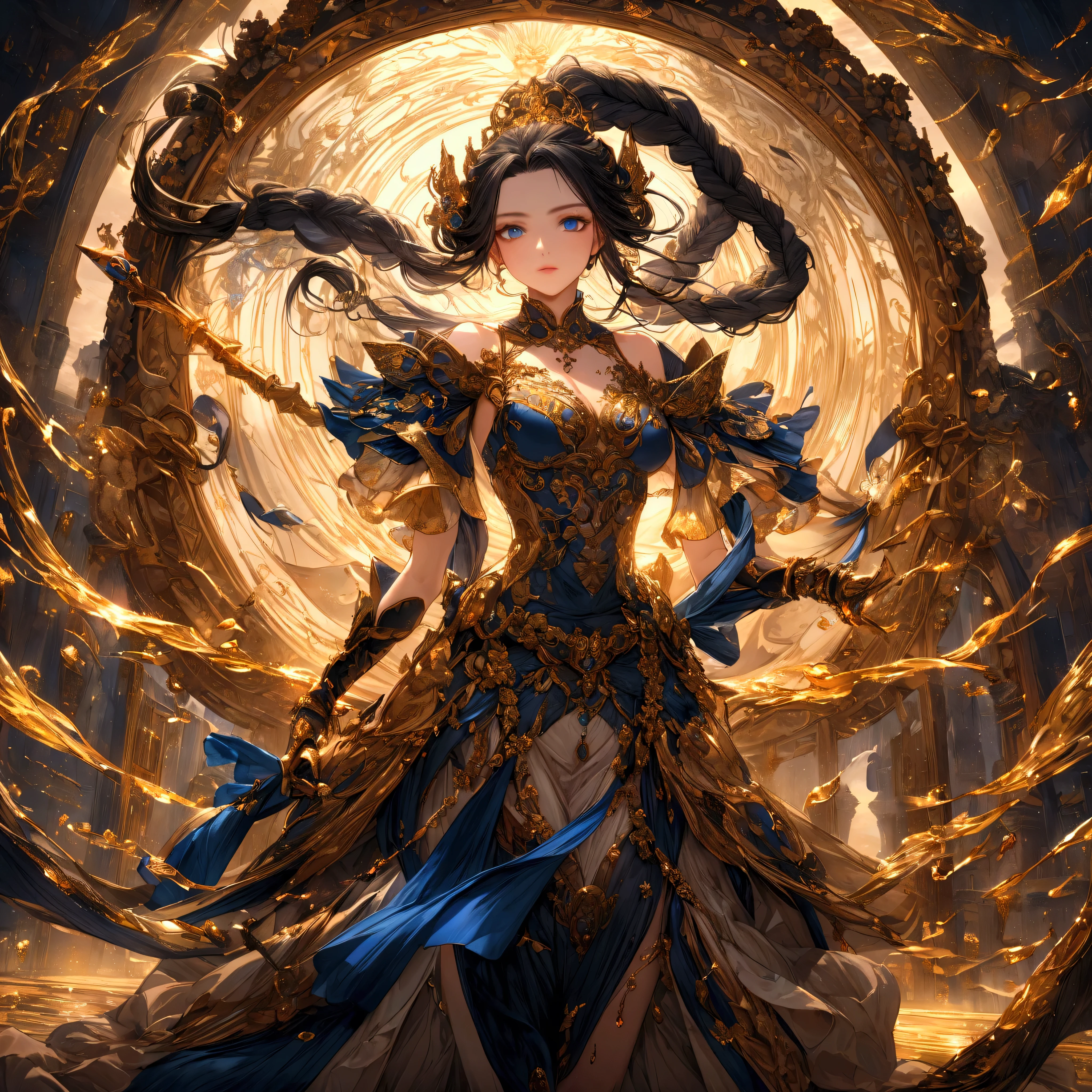 8k, complex, elegant, highly detailed, majestic, digital photography, denim lens, surrealist painting, broken glass, (masterpiece, side light, fine beautiful eyes: 1.2), HDR, void, energy lightning storm, woman, wearing palatial battle armor, raining, beautiful, facing the audience, masterpiece, upper body