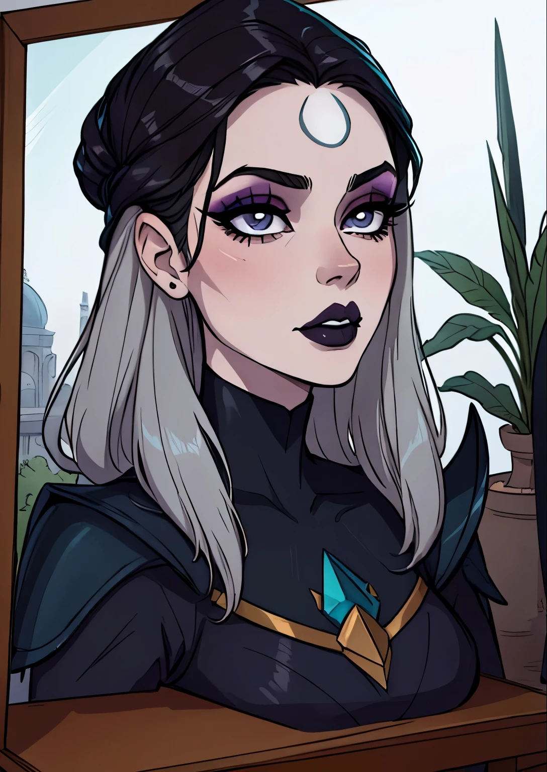 masterpiece, best quality, 1female, beautiful, face portrait, deep makeup, 1girl, face focus, dark hair, lipstick, goth, diana \(league of legends\), makeup, pale skin, straight hair, gray eyes