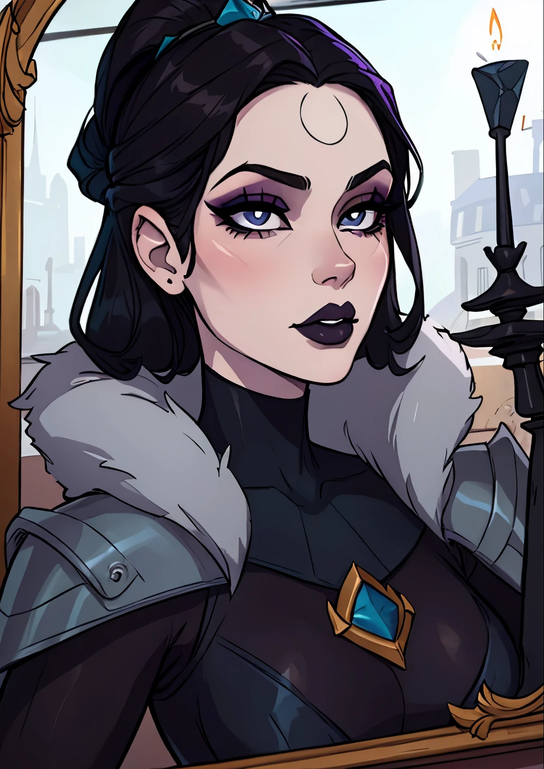 masterpiece, best quality, 1female, beautiful, face portrait, deep makeup, 1girl, face focus, dark hair, lipstick, goth, diana \(league of legends\), makeup, pale skin, straight hair, gray eyes