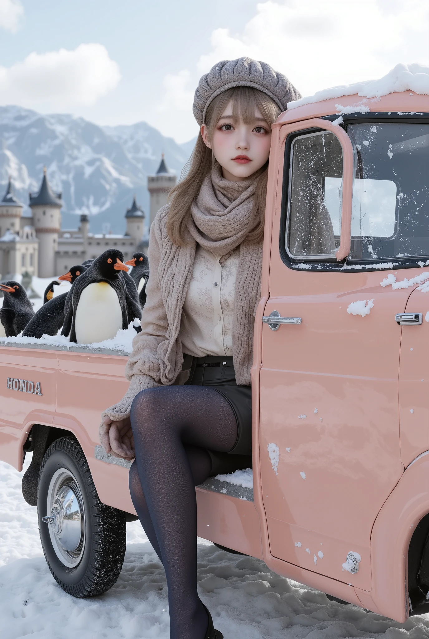 ultra-realistic, photorealistic, dramatic scene, shadow, global-illumination, solo, 1 girl\(age Japanese famous idol girl, very beautiful fragile Japanese, detailed face skin texture, modern maid, wearing a cute colored traditional raffled maid outfits with winter nylon jacket, woolen scarf and glove, knit cap, dark navy tights, wearing tights, very large breasts, slim waist, big smile\), she is driving a pastel colored Honda T360 light-truck, She is sitting at the driver's seat of a Japanese light-truck in the mountains near an old European castle, snow covered ground, Truck beds are filled with penguins, smile, she looks so happy