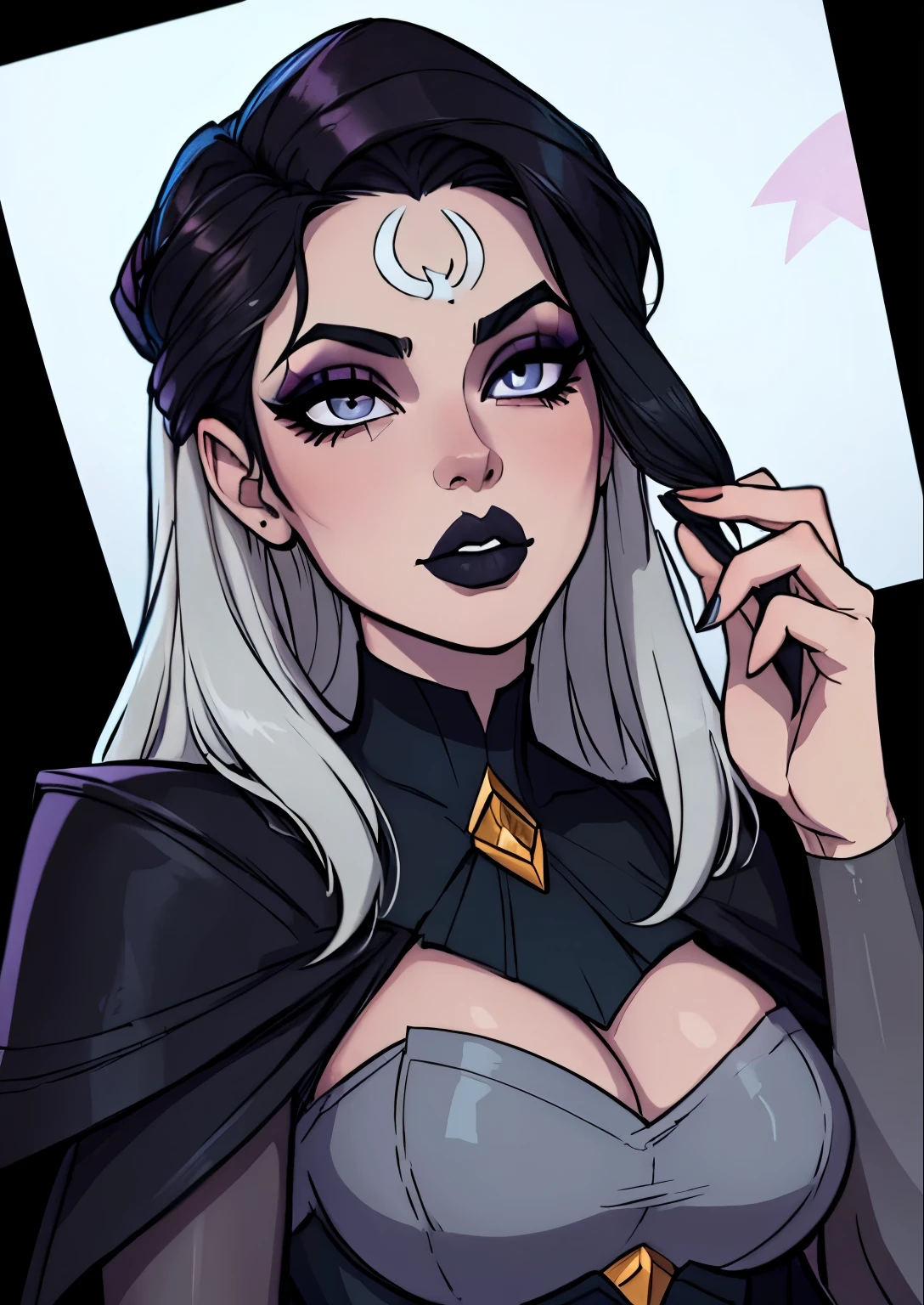 masterpiece, best quality, 1female, beautiful, face portrait, deep makeup, 1girl, face focus, dark hair, lipstick, goth, diana \(league of legends\), makeup, pale skin, straight hair, gray eyes