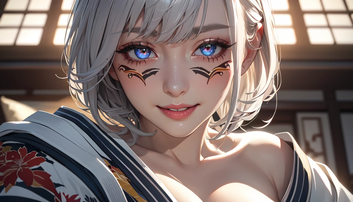 artwork, (best quality), (best illustration), (Symmetrical Art), single, Alone, 1 adult woman, female vampire, vampire, pale skin, (((heterochromia (violet right eye and golden left eye)))), white hair with bangs, wearing medieval assassin's clothing.