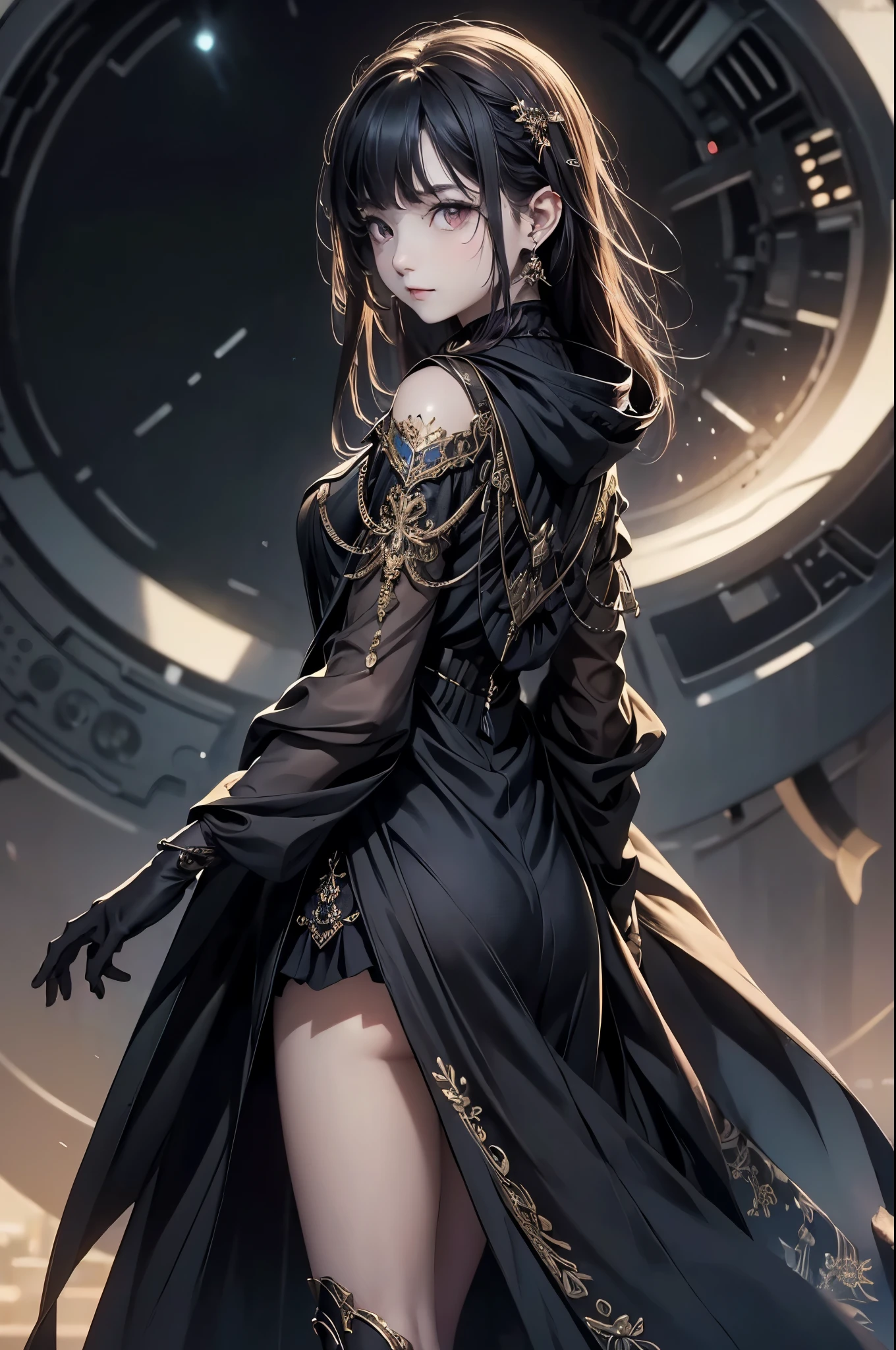 ((from front:1.5))((masterpiece:1.5、best quality, 2.8D illust, Very detailed 1girl, classic girl, classic, Mechanical decoration、 back ground:dark world.