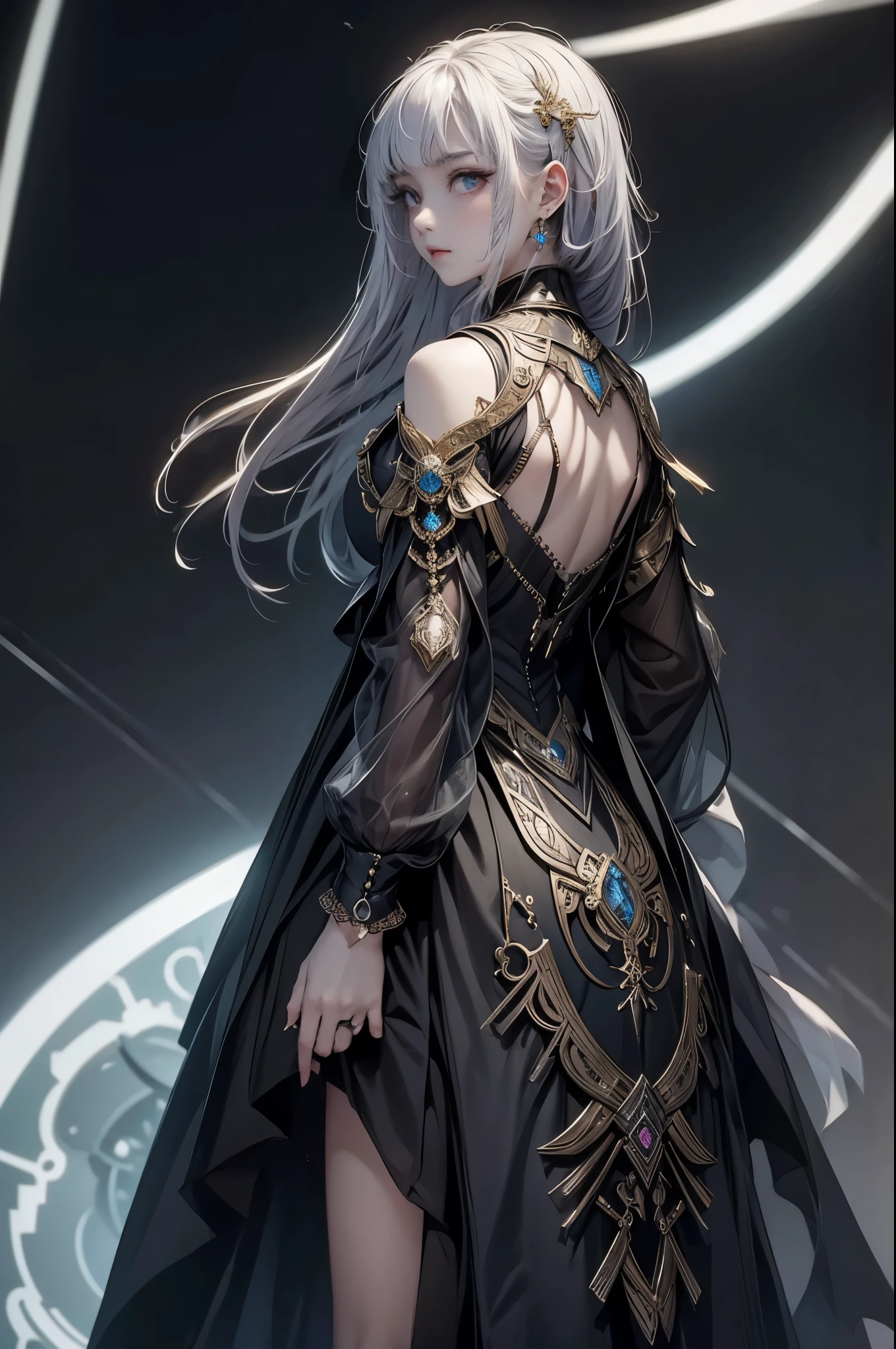 ((from front:1.5))((masterpiece:1.5、best quality, 2.8D illust, Very detailed 1girl, classic girl, classic, Mechanical decoration、 back ground:dark world.