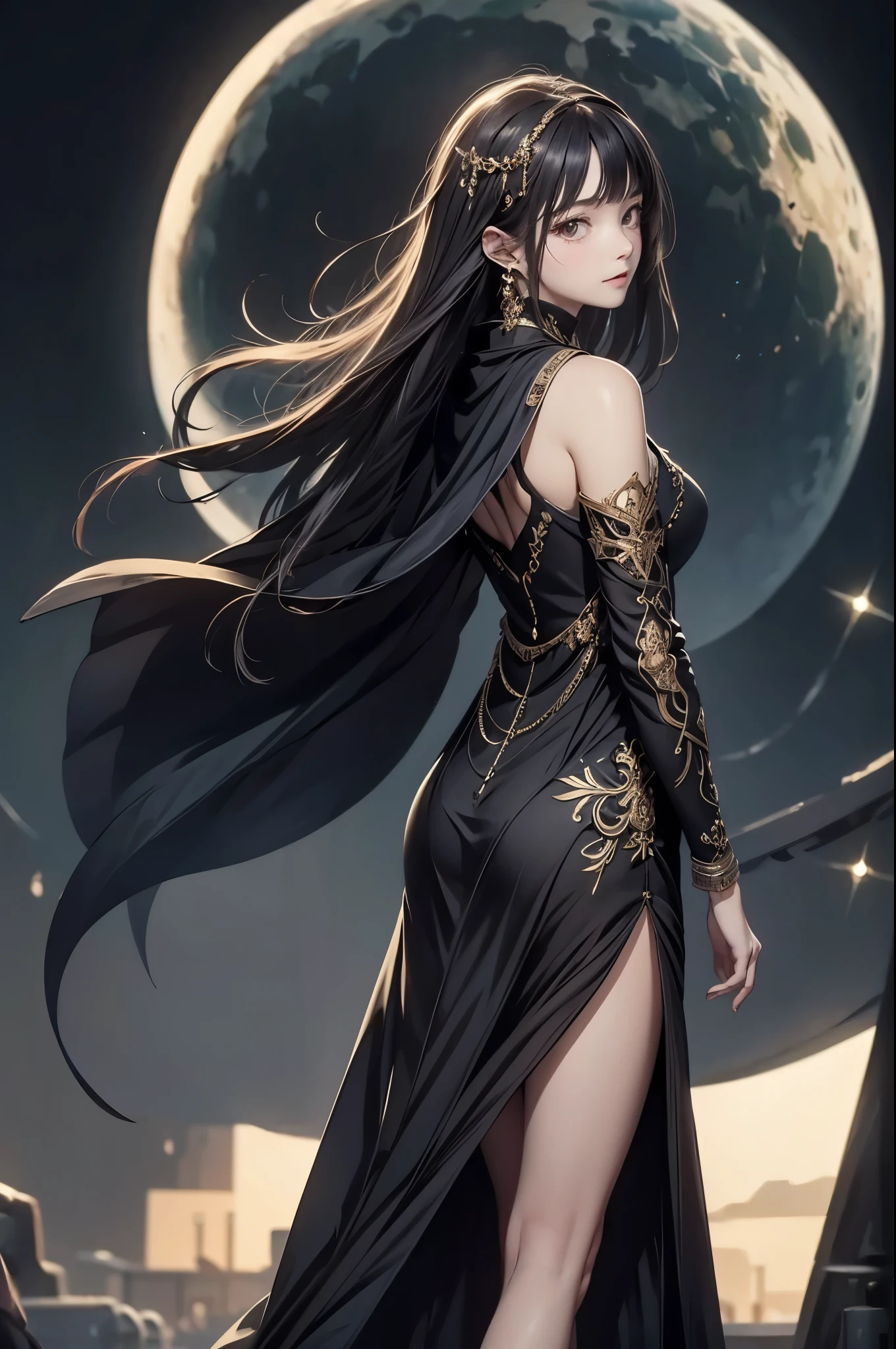 ((from front:1.5))((masterpiece:1.5、best quality, 2.8D illust, Very detailed 1girl, classic girl, classic, Mechanical decoration、side slit. back ground:dark world.