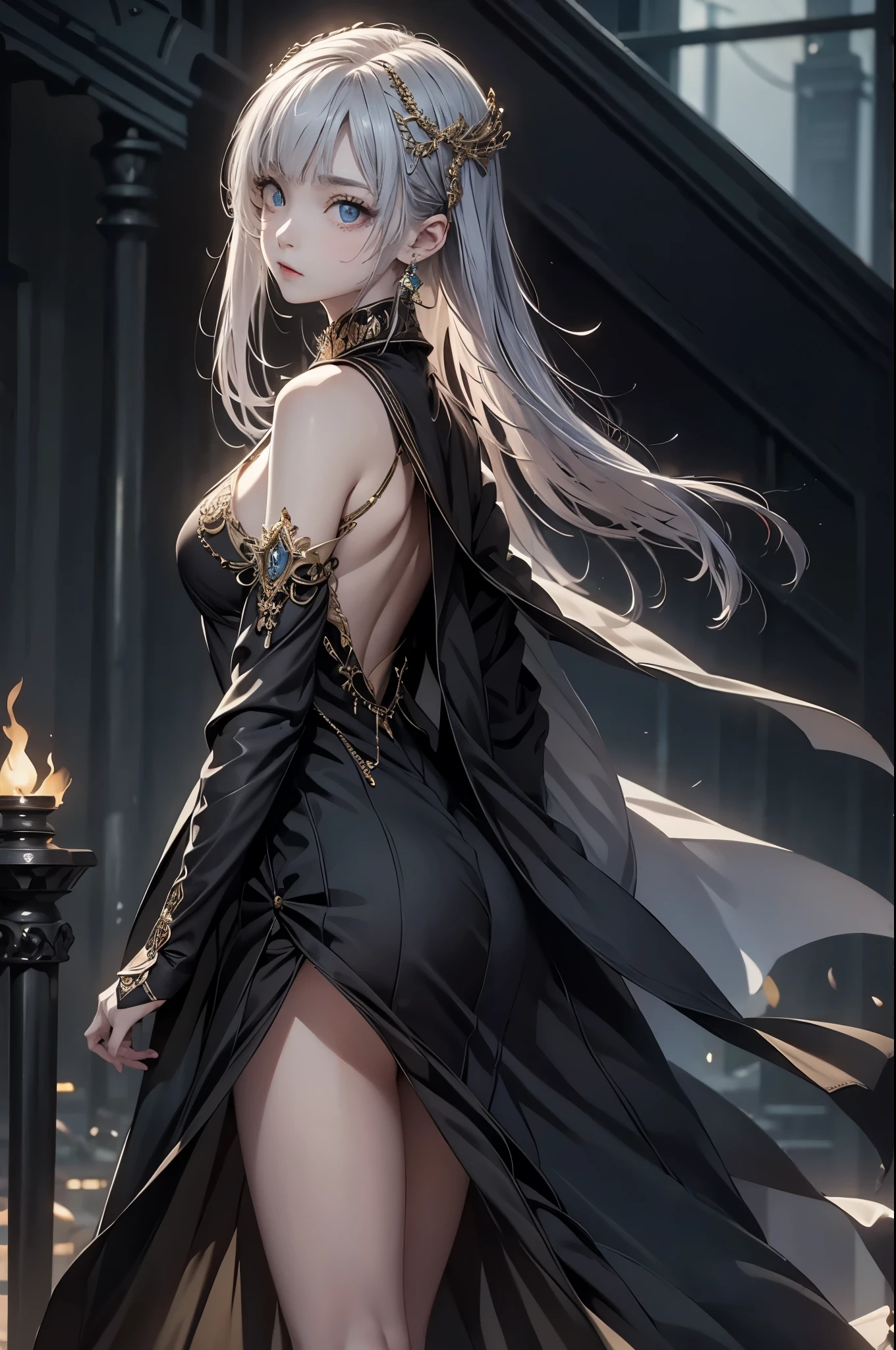 ((from front:1.5))((masterpiece:1.5、best quality, 2.8D illust, Very detailed 1girl, classic girl, classic, Mechanical decoration、side slit.  back ground:dark world.
