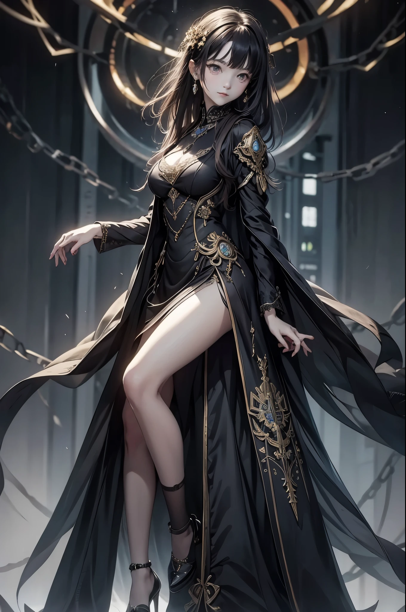 ((from front:1.5))((masterpiece:1.5、best quality, 2.8D illust, Very detailed 1girl, classic girl, classic, Mechanical decoration、side slit. back ground:dark world.