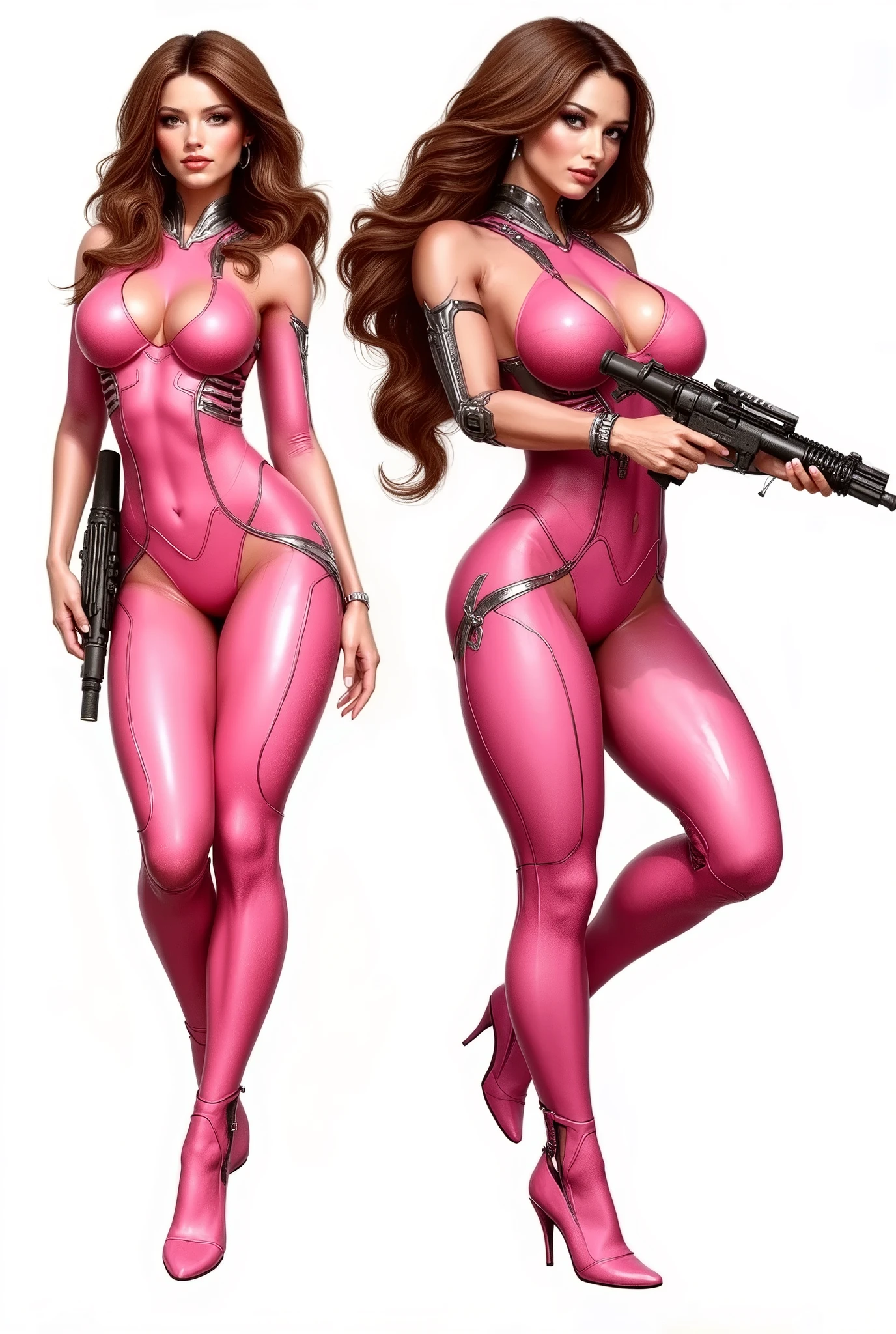 h.r.giger style, brown hair woman, sexy revealing pink outfit with a bit of gold, a sci fi headband with an earphone sci fi space bounty hunter, skin tight outfit full body, glistening skin, , natural lighting, Defined full lips. feminine body. , glistening skin, , natural lighting, Defined full lips. fitness feminine body, () holding a ray gun hd, Defined full lips. fitness feminine body sexy athletic body, nice breasts white background, character design sketch in various perspectives, rear, front, 3 /4, profile
