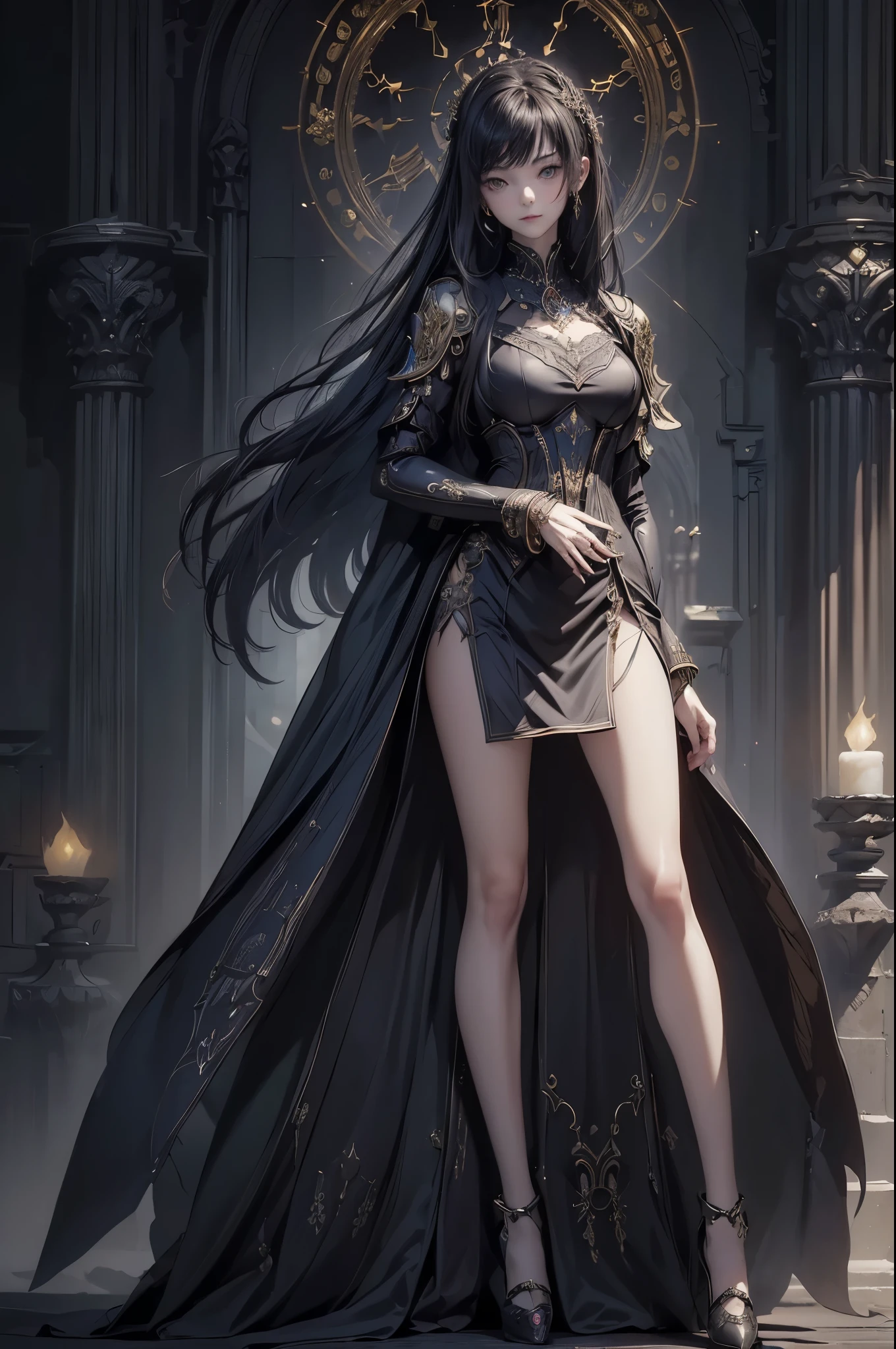 ((from front:1.5))((masterpiece:1.5、best quality, 2.8D illust, Very detailed 1girl, classic girl, classic, Mechanical decoration、side slit. back ground:dark world.