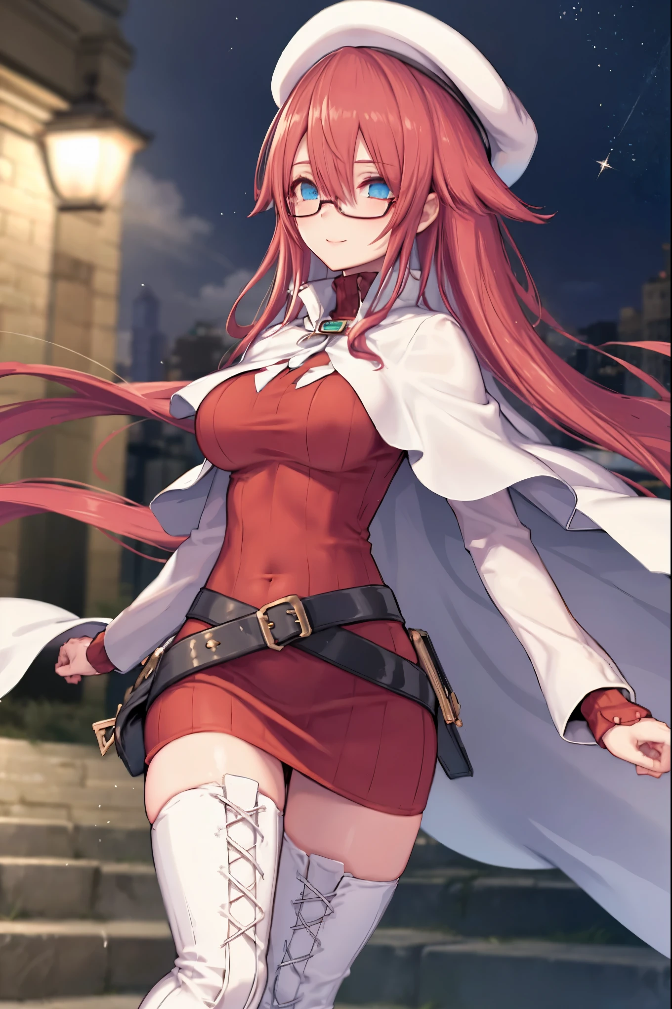 masterpiece, best quality, integrated scenery, integrated background, extremely delicate and beautiful, meticulous details, good composition, cute face, perfect face, perfect hands, best quality, summonnightaty, aty, (young:1.3),long hair, blue eyes, red hair, large_breasts, hat, glasses,
BREAK long hair, thighhighs, dress, glasses, belt, cape, sweater, zettai ryouiki, beret, thigh boots, white footwear, ribbed sweater, loose belt,solo,
BREAK fantasy,
,Highquality_hads,perfect_fingers,
BREAK (masterpiece:1.2), best quality, high resolution, unity 8k wallpaper, (illustration:0.8), (beautiful detailed eyes:1.6), extremely detailed face, perfect lighting, extremely detailed CG, (perfect hands, perfect anatomy),(covered_nipples:0.7),(covered_navel:0.7) ,half_eyes,sleepy_eyes,red_sweater,apart_knees,spread_legs,rise_knee,Smile,rise_hand,open_arms,night_old_city_landscape,(plump:0.6), dynamic_angle,solo,walking, slouch,half_eyes, head_wind,(side_view:1.2)