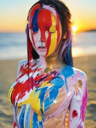 top-quality、masterpiece、超A high resolution、(Photorealsitic:1.4)、Raw photo、1girl in, bob cuts, Big beautiful eyes, (Liquid Paint Rainbow:1.4), (Massive rainbow paint exploding on the chest:1.4), (A large amount of rainbow paint that flows through the body 1.4), (A large amount of rainbow paint that flows through the body 1.4), (Thick flow), (Paint Splatter:1.3), (Liquid state), solofocus, (depth of fields, Ambient lighting, Blurred foreground, blurry backround:1.3), Atmosphere, Light flare, intricate detailes, enhanced lighting、Two arms