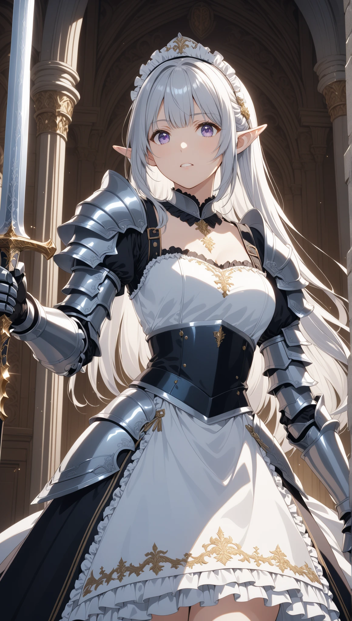 hands on sides, (masterpiece), ultra-detailed, 1girl, detailed eyes, medium breasts, gray background, elf, elf ears, (full body), , green eyes, gray background, full plate armor, comfident smile, staring at the viewer, blond hair in a ponytail, standing