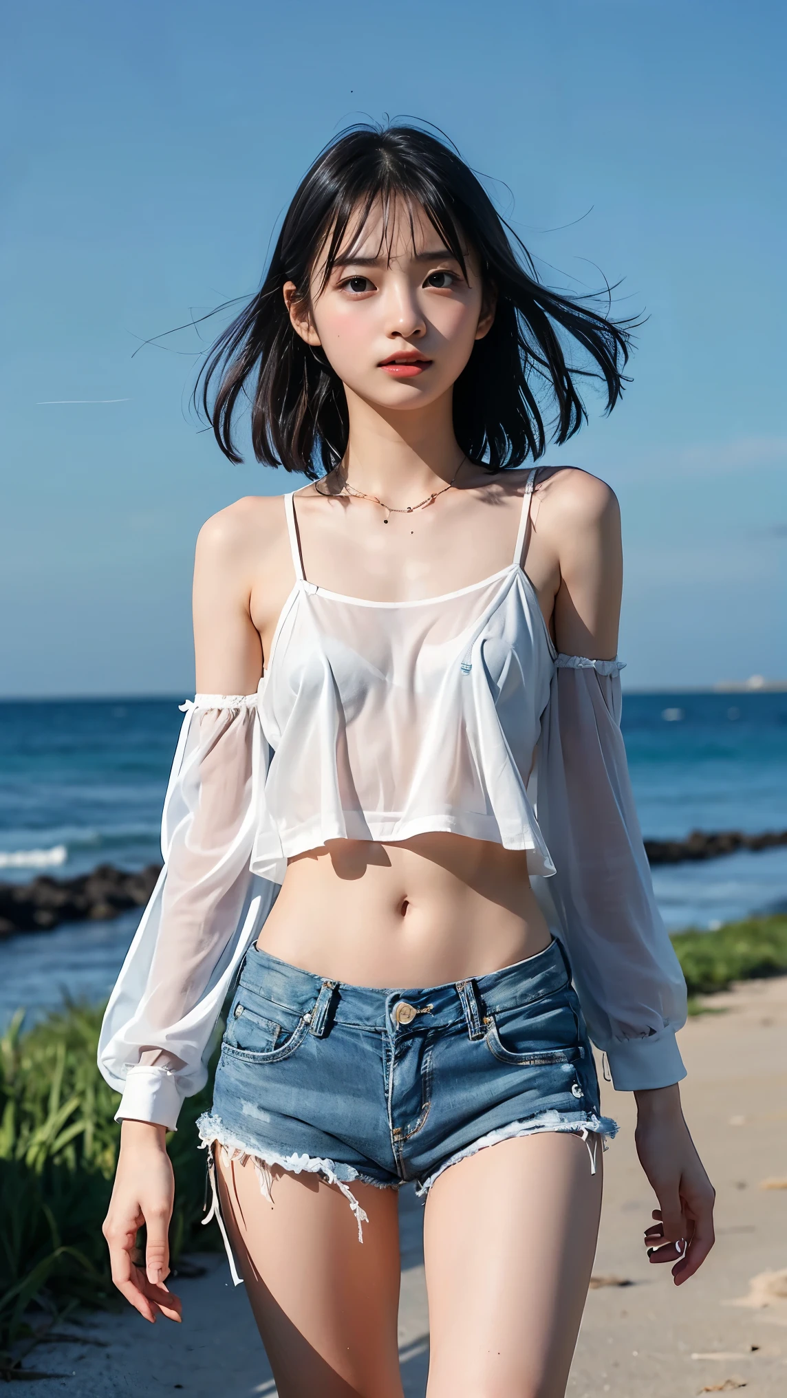 nsfw:, super high quality, a scene from the movie,Japanese famous actress,,12-years-old, , beautiful smile:,,64k, high Quality,(( long sleeve see-through t-shirts:1.4,denim micropanty:1)), (( large areola,slim body,slim leg :1.2)),Clear body line、Small size breast,、Full body diagram、((( low Angle from below&behind)))、Staring at the camera、beauty,high detail,standing on the night beach:1.4 ,My hair is fluttering in the wind, short hair:1.0, Delicate shoulders, (The breast are facing up:1.4),,(Precise pussy:1.4),(open leg:1.4),((large areola))