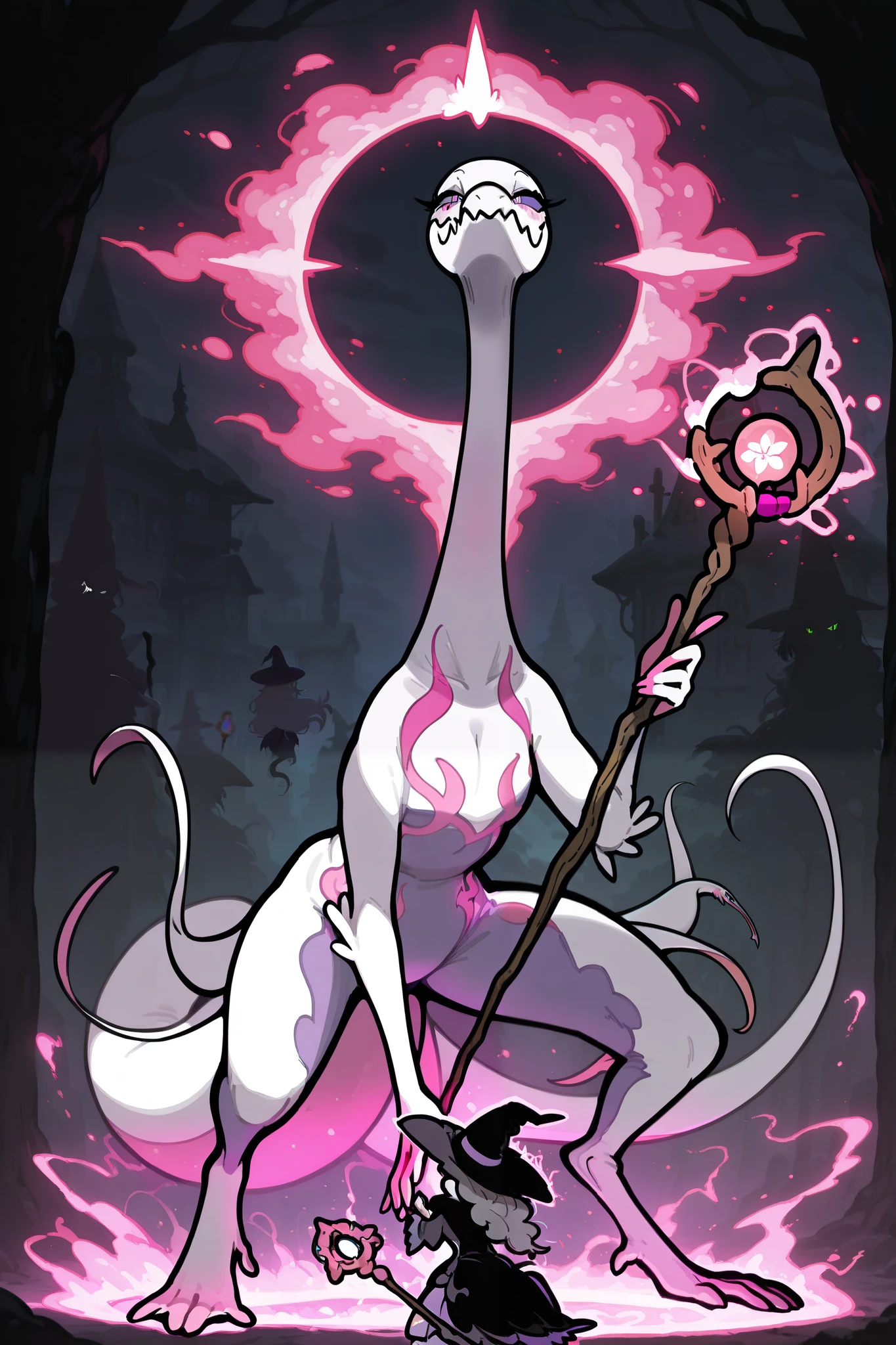 Pokemon, white Salazzle, magic staff, witch outfit, scary, primal, long neck,