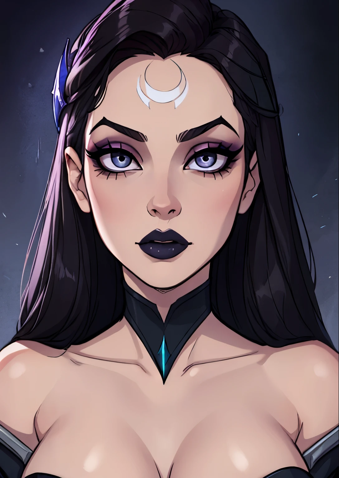 masterpiece, best quality, 1female, beautiful, face portrait, deep makeup, 1girl, face focus, dark hair, lipstick, goth, diana \(league of legends\), makeup, pale skin, straight hair, gray eyes