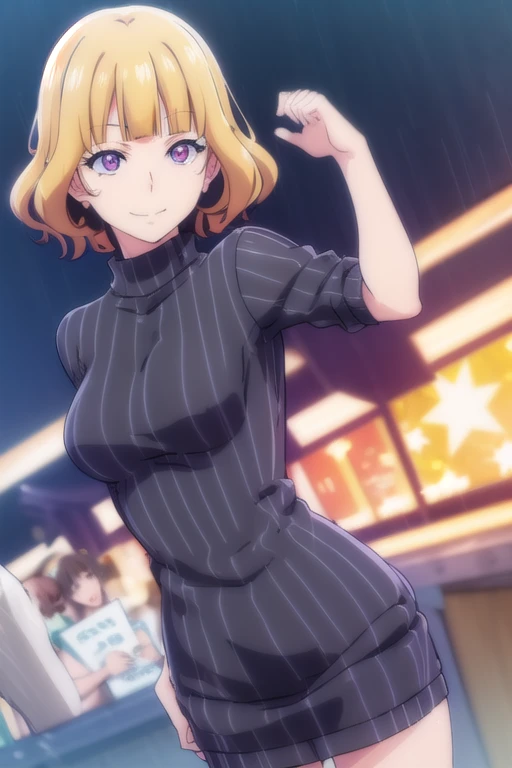 ((masutepiece, Best Quality, hight resolution, nffsw, Perfect Pixel, depth of fields, 4K, )), 1girl in, Solo, , Beautiful anime girl, Beautiful Art Style, close up, Looking at Viewer, Perfect body, Yuigahama Yui, Short hair, pink hair, hairbun, (large boob), hands on hips, tight black dress, see through, breasts, nipples, smiling, blank white background, cowboy shot