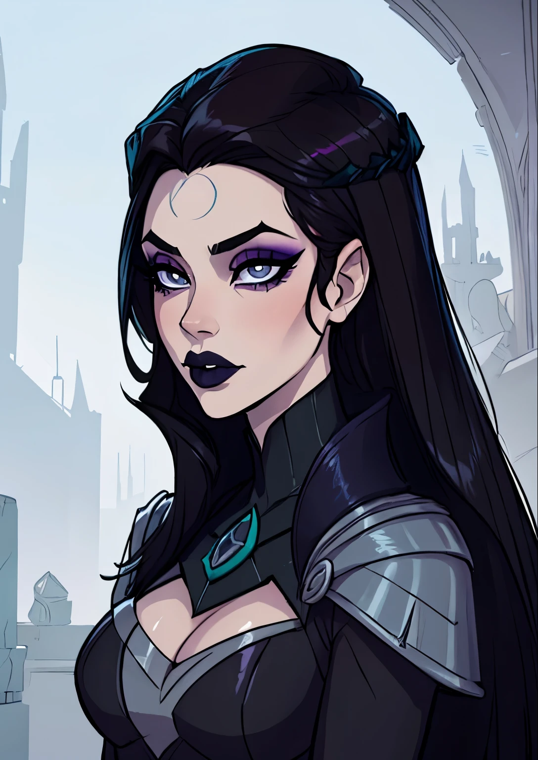 masterpiece, best quality, 1female, beautiful, face portrait, deep makeup, 1girl, face focus, dark hair, lipstick, goth, diana \(league of legends\), makeup, pale skin, straight hair, gray eyes