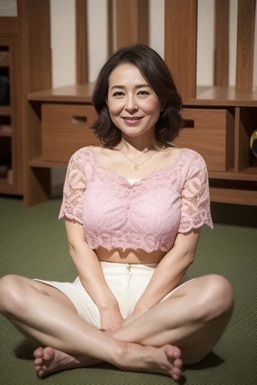 Japanese Garden,highest quality,Japanese,Booty pose,real person, Put Index Finger on Mouth,figure, Super detailed, finely, High resolution, Detailed and beautiful eyes,Racy Luxury, Center of chest, Natural color lip, Sexy pose,smile、40 year old girl,Short Hair ,Bra Top、Cowboy Shot,
