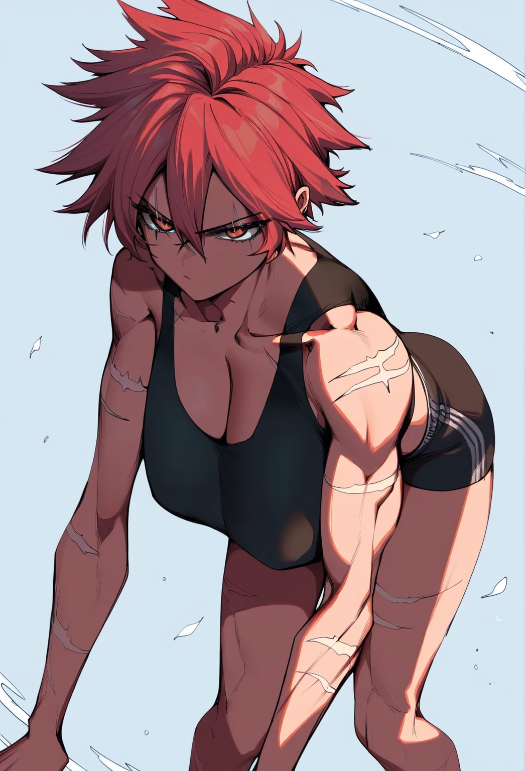 (masterpiece), (best quality), (ultra-detailed), (extremely detailed cg), (a extremely delicate), (perfect lighting), (8k), (dynamic angle), (sharp image), vibrant colors, female, masterpiece, best quality, depth of field, cinematic lighting, masterpiece, best quality, ultra-detailed, colorful, vibrant, large breasts, thighs, mature female, solo, (masterpiece, best quality, high resolution, animescreencap, anime colored,), (perfect anatomy, beautiful detailed eyes, beautiful detailed body, beautiful breast, shiny skin), 1girl, blred hair, side bangs, braided ponytail, long hair, ((ponytail)) , medium breasts, smiling, red eyes, anime eyes, ringed eyes, armpits, looking at viewer, arms above head, black bikini(( one piece)), ((wet skin)),((standing)), ((outdoors)), (( super sweaty body)), ((looking from up above))), skies, clouds
