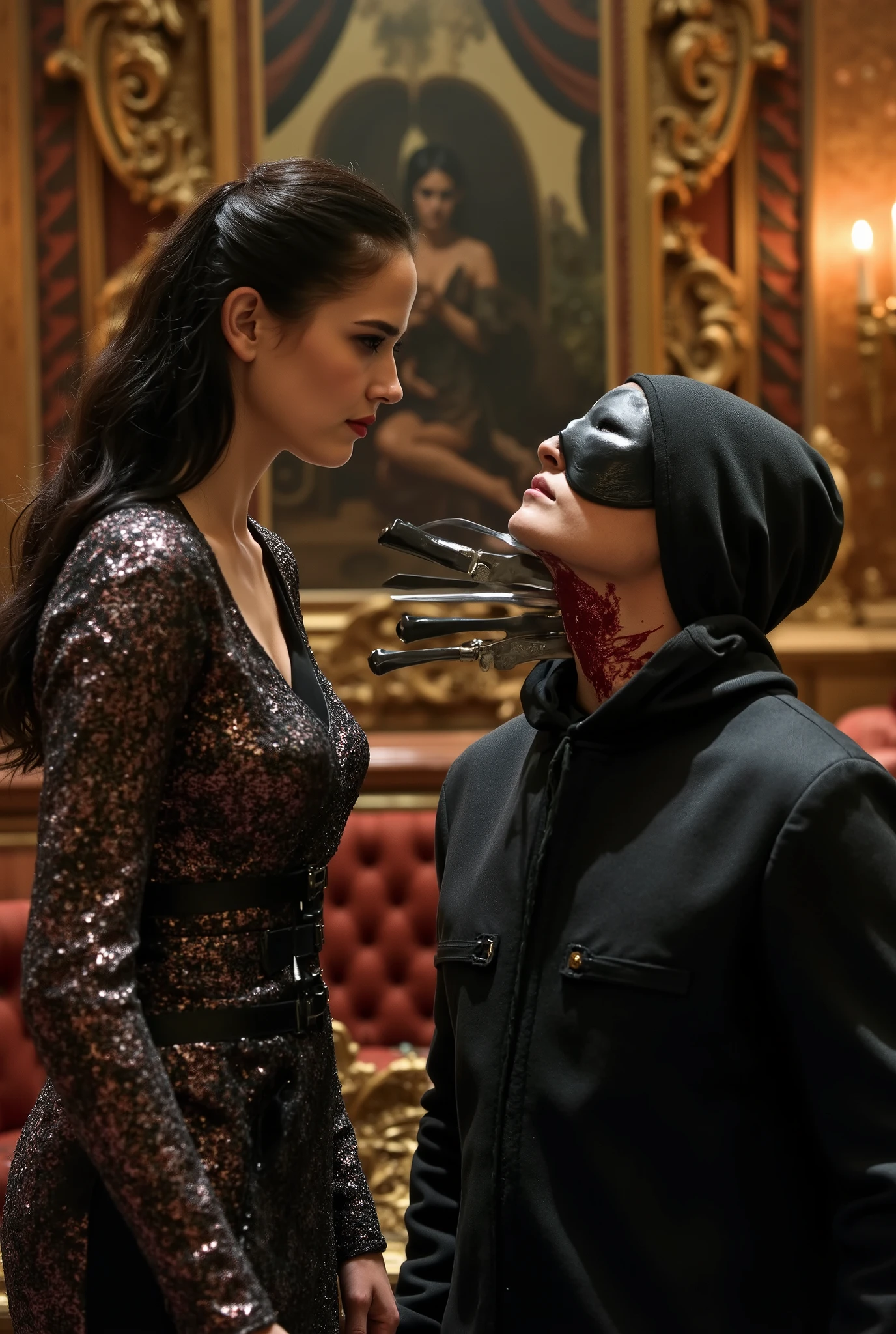 hight quality, Realistic, very beautiful girl, male full face mask, male die, male neck slashed, male neck bloody splash, several long knife stuck into male neck, male ninja, deadly girl, , male hoodie, girl kebaya, mansion, male s