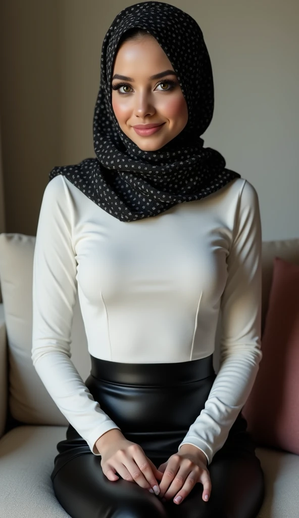 woman,((30 years old)), black hijab, black shirt, beautiful face, white skin, soft smile, long pants