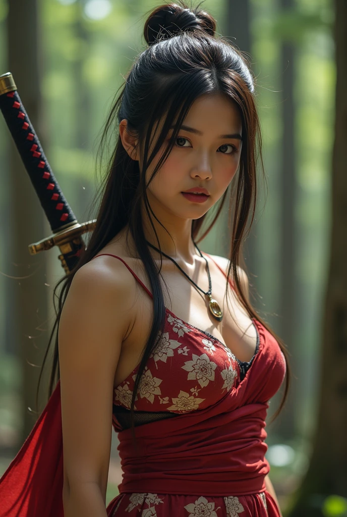 beautiful Japanese woman with big beutiful breasts in a revealing short samurai costume, outdoors, breast out, nudity, ((full height body)), bare shoulders, bare legs and feet