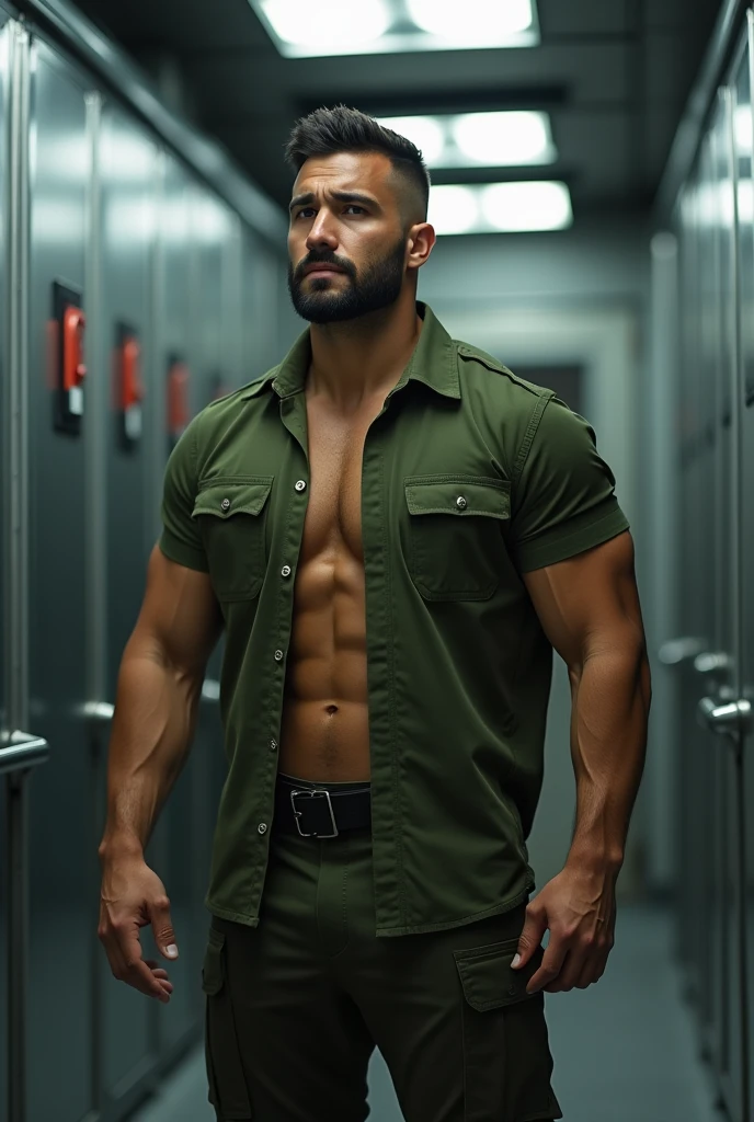 best quality,4k,8k,highres,masterpiece:1.2,ultra-detailed,(realistic,photorealistic,photo-realistic:1.37),muscular male, military pants, shirtless, bulge on pants, wet body, wet spot,