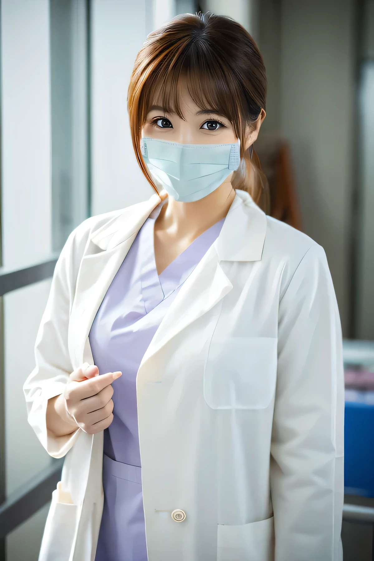 (((beautiful dental hygienist)))、(((Appearance during treatment)))、medical mask、((white panties)), (((lean forward to look into the patient)))、(((independent white coat)))、(8K、highest quality、masterpiece:1.2)、(realistic、Photoreal:1.2)、 Phenomenally cute girl、18-year-old、(((neat and clean white coat)))、solo、hospital、looking at the viewer、(get up:1.5)、(((hospitalの病室)))、My chest is about to burst、fine and beautiful eyes、)、(dark blonde hair:1)、(mature:1.1)、skirt, nurse white coat, socks, black haired, blurred background, knee high, Ro White Nurse Shoes, lively, hair length, brown eyes, 黒のsocks, one piece, Accept the phallus from behind、 turn to the side, masterpiece, highest quality, super detailed、(((spread your legs)))、inviting eyes、