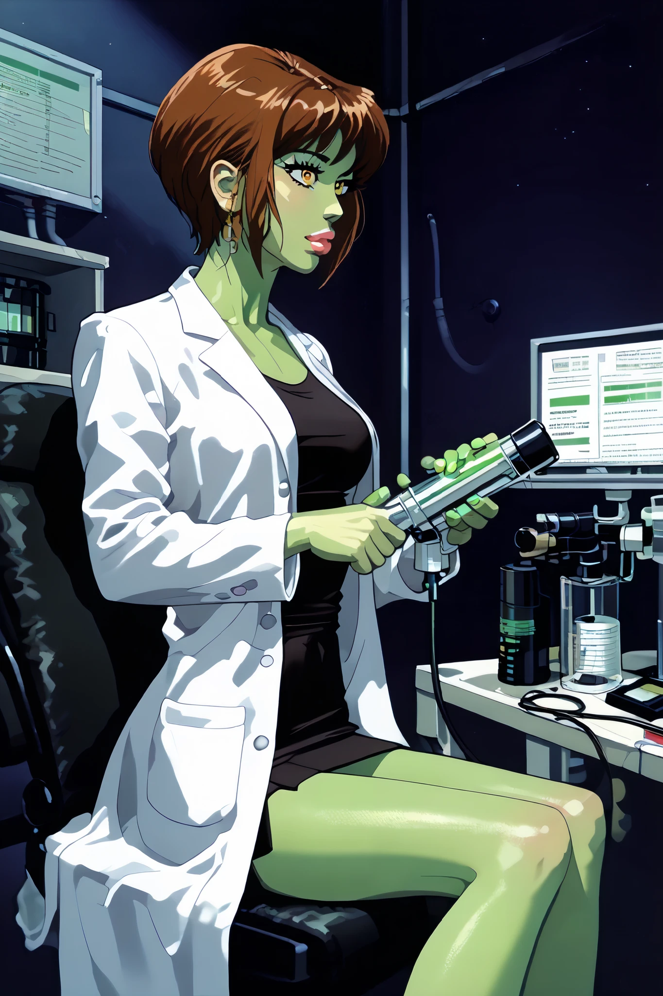 A mutant human.  She is (skinny), with (green _scaly skin: 1.4), gold eyes, and (short dark brown hair).  She has a long, slim tail. 

(wearing a labcoat, with a short skirt and thin crop top)

(sitting alone in a small, messy lab, (examining a microscope: 1.4).  The area around her is dark, unkempt, and untidy.  She’s clearly somewhat obsessed with her work.), (darkness: 1.4), (room on a space station), (lonely, dark background), ((neon vintage anime)) style, 90's anime style, 1990s anime, hajime sorayama, greg tocchini, neon vintage anime masterpiece, anime art, 4k, high quality, natural beauty,sexy