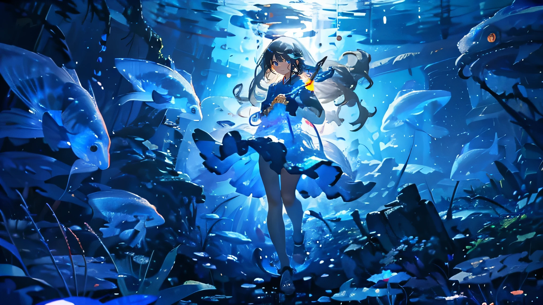 masterpiece, best quality, ultra-detail, photography, (photorealistic:1.2), dramatic angle, dramatic lighting, (depth of field:1.5), (ceiling:1.2), (bottom view:1.2), (deep blue tone:1.1), (underwater:1.5), deep sea, silver lighting, (landscape:1.5), (submerged ancient ruins:1.2),

■以下Region Prompt ControlのRegion1のプロンプト

full body, black long hair, (straight hair:1.5), detailed face, detailed black eyes, beautiful big eyes, (tareme:1.4), (loli:1.5), 14yo, (small breasts), light smile, lustrous skin, swim ware, (open arms for viewer:1.2), barefoot, nice hands, perfect hands, x:0.4 y:0.25 w:0.4 h:0.4
seed：1999400136
