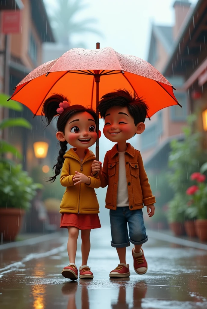 A boy and a girl in the rain