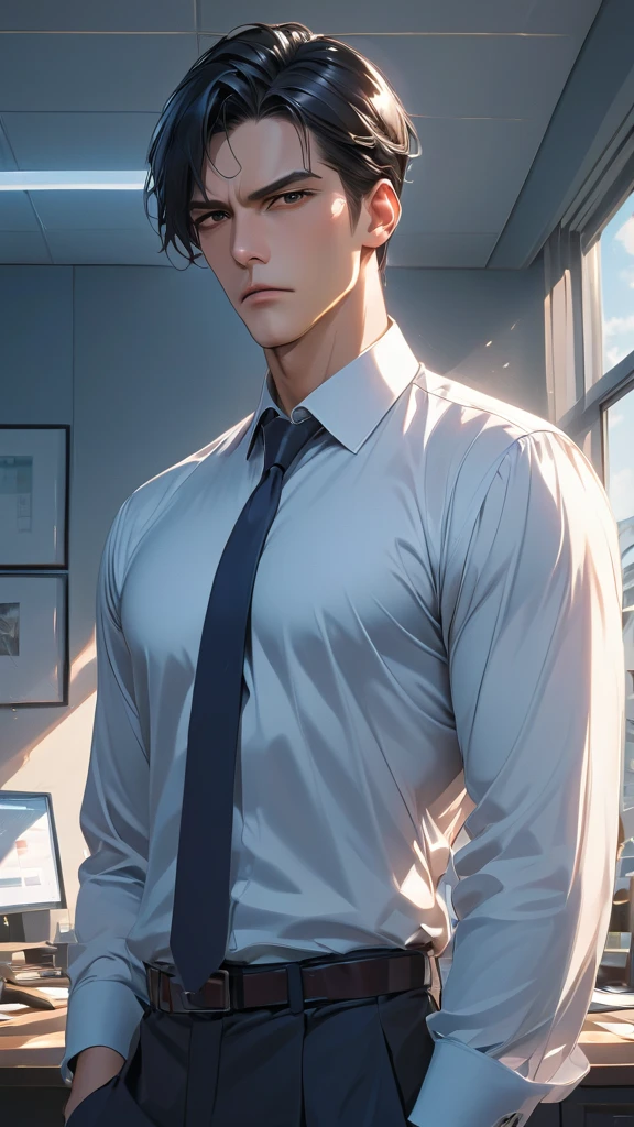 (Best Quality,4k,8k,high resolution,Masterpiece:1.2),ultra detailed,(realist,photorealist,photo-realist:1.37),1 man,31 years,mature man,very handsome,without expresion,muscled body,short gray black hair,Blue eyes,glare,perfect face without mistakes,imposing posture,businessman,office background,cinematic lighting,imagen HDR