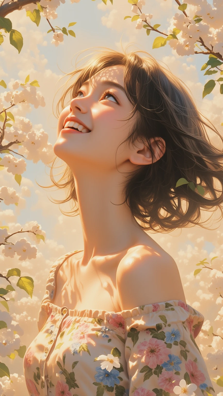 (Masterpiece, High Resolution, High Quality, High Resolution, Aesthetic: 1.2), (One beautiful woman), (Fractal Art: 2. 0), Beautiful woman (smiling, in profile, wearing floral shirt dress), smiling while looking up at sky,  smile, soft sunlight, top angle, cute illustration Wind,
