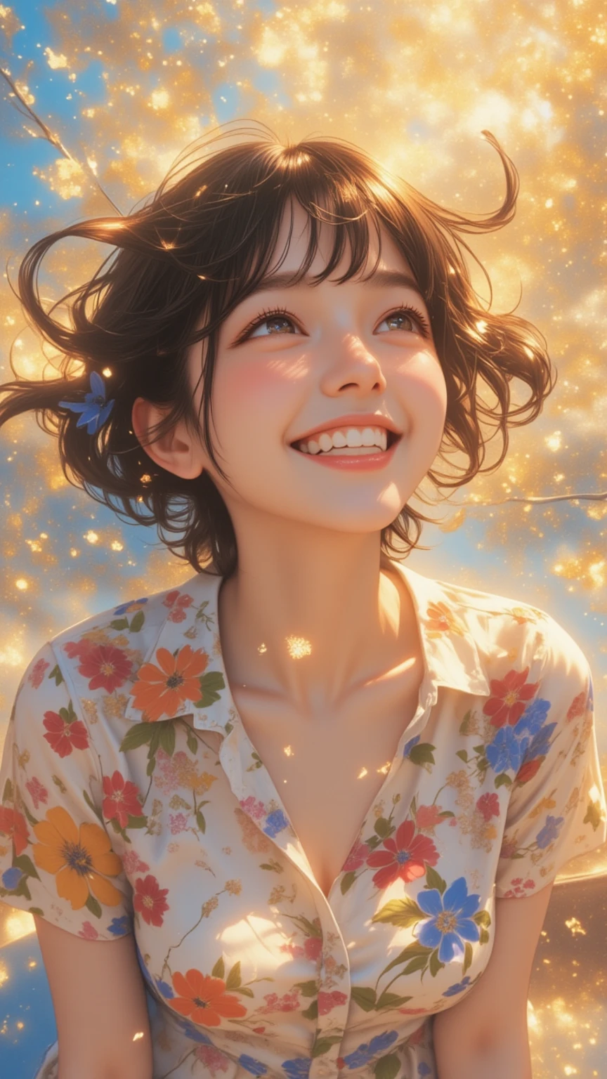 (Masterpiece, High Resolution, High Quality, High Resolution, Aesthetic: 1.2), (One beautiful woman), (Fractal Art: 2. 0), Beautiful woman (smiling, in profile, wearing floral shirt dress), smiling while looking up at sky,  smile, soft sunlight, top angle, cute illustration Wind,