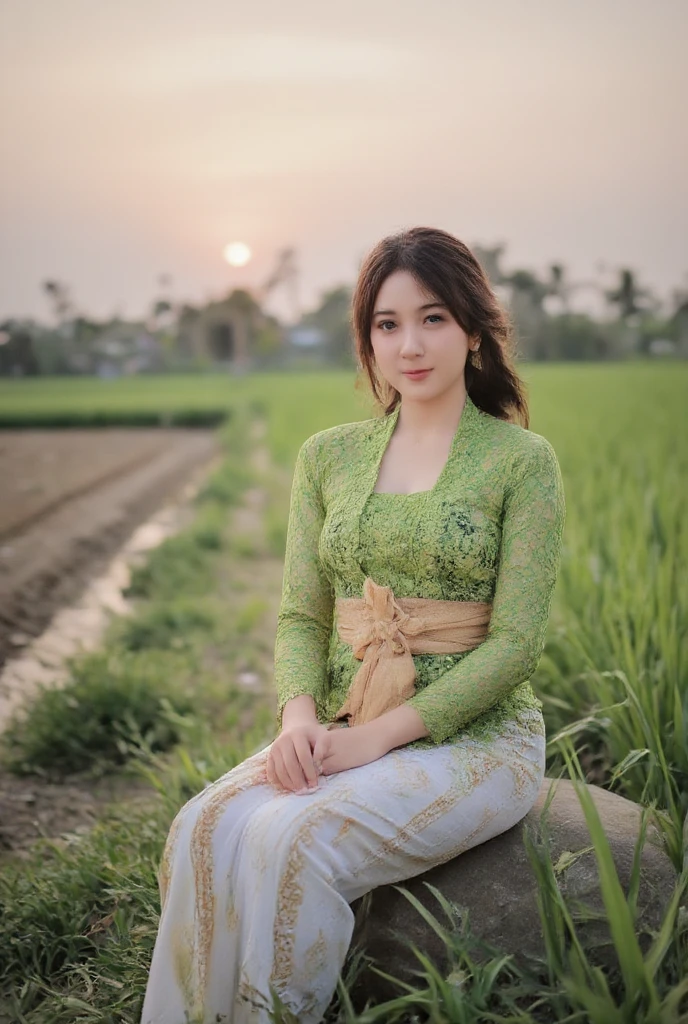 A beautiful Korean girl,slightly fat, dreadlocks hair,wearing green batik kebaya and white batik bottoms medium, sitting relaxed in the edge of paddy rice fileds in the evening during sunset with Indonesian farmers young man hansome, atletic body and clean skin, 4k high resolution facing deeply to the camera and smiling.