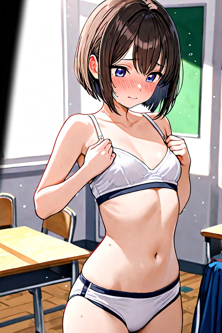 [anime styled],[official art],Tomomi_saikyou,black hair,Short hair,Hair Ribbon,classroom,NSFW,1girl in,(Portrait),close up,short torso,Perfect Lighting,nude,topless,(nipples),,anime screen cap,Flat color,cel shading,smile,, (underwear:1.2), (strong light)、((brighten the subject)),blush,oily skin,curby:1.2,(blue striped panties),sexy pose